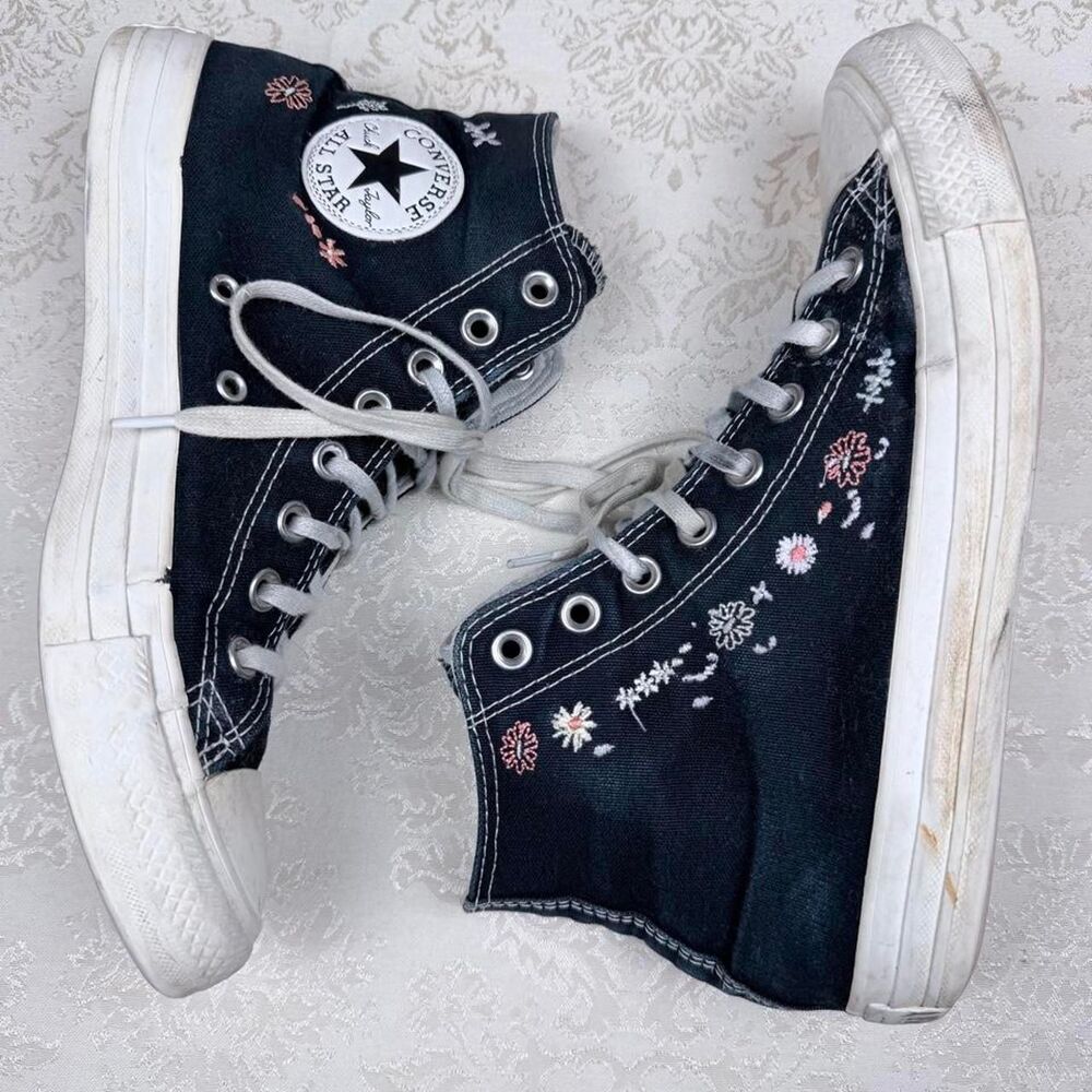 Converse Women's Black Hi Top Shoes with Embroidered Details, 9